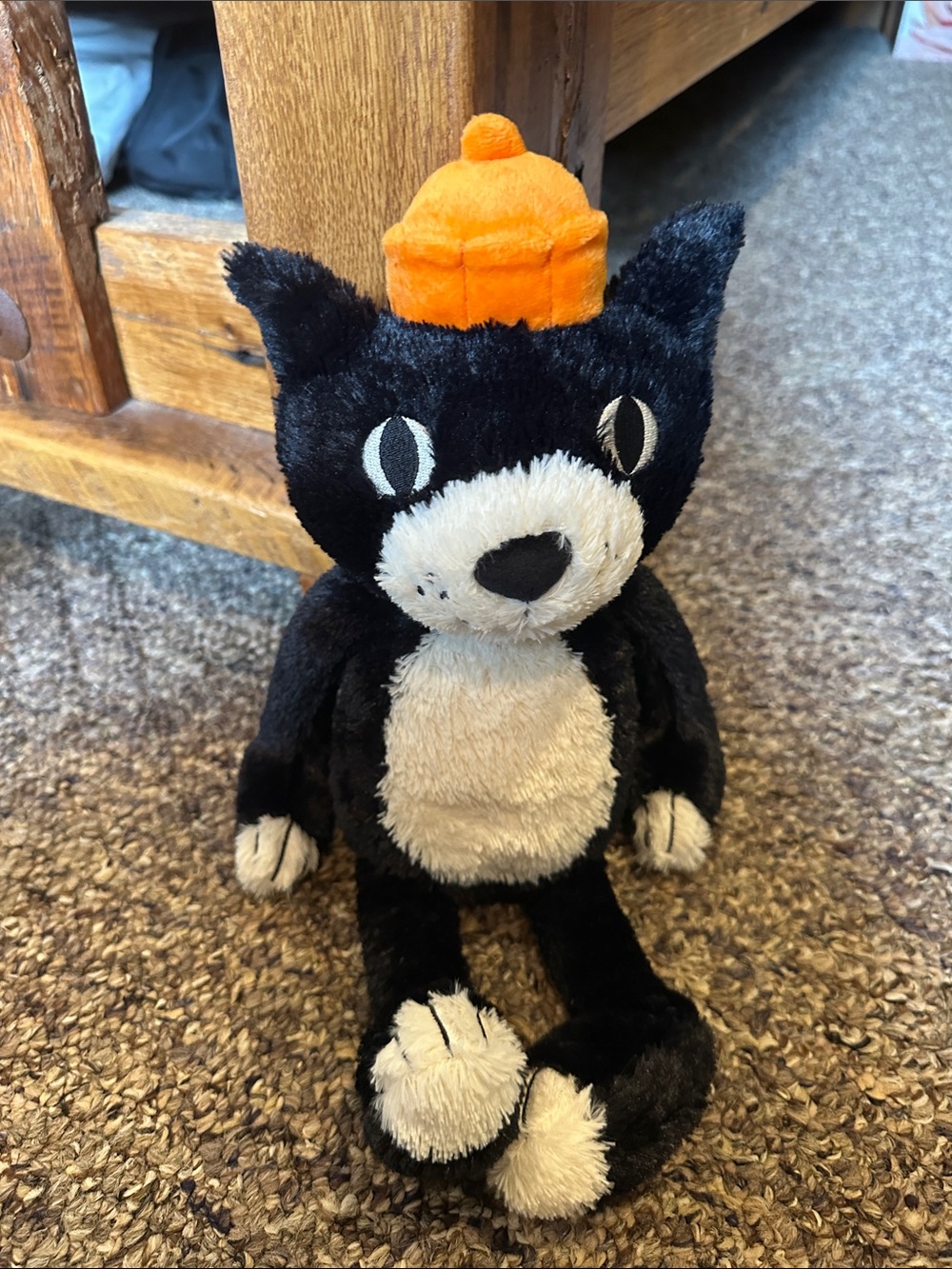 Jellycat Black and Cream Cat Plush with Orange Hat